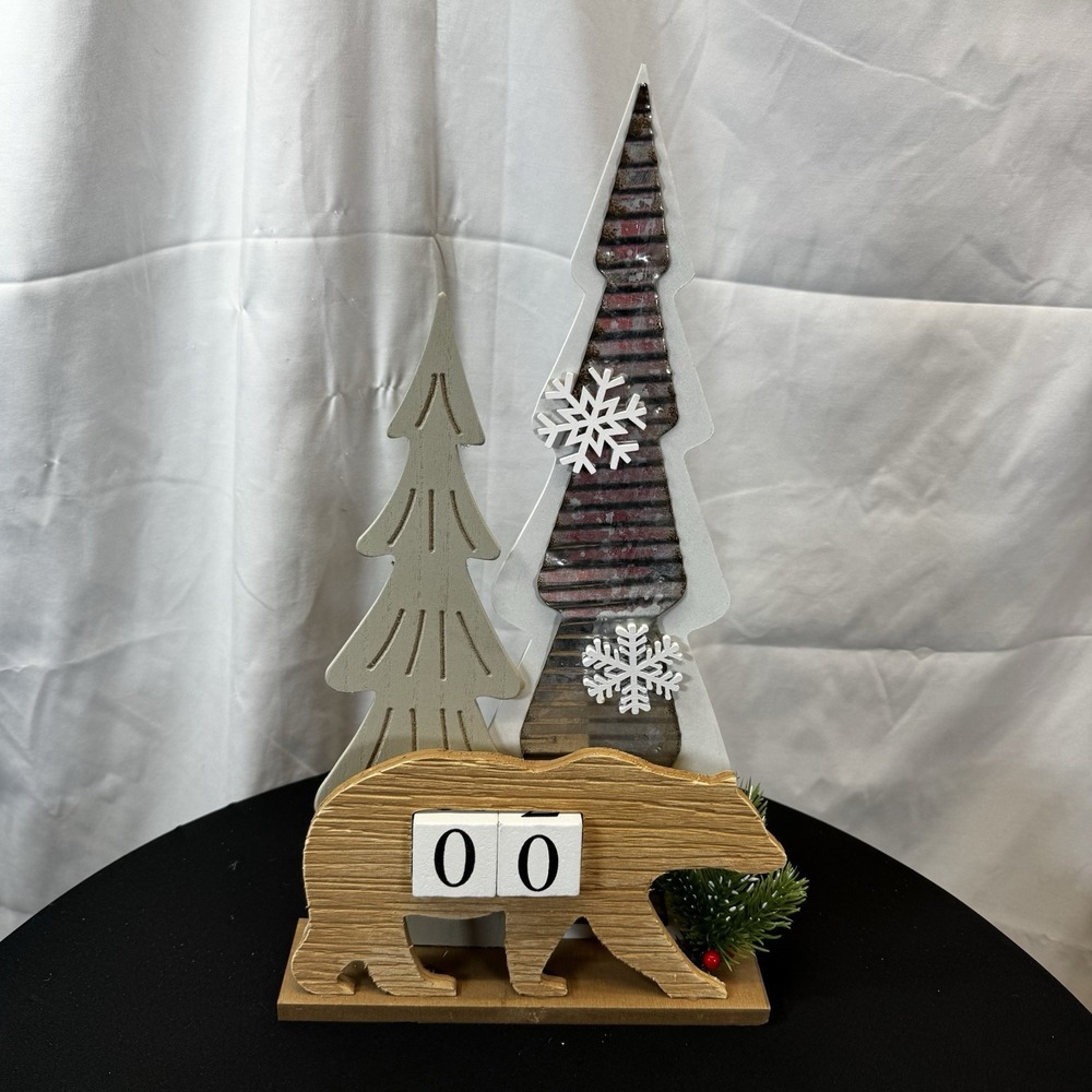 Christmas Tree Advent Countdown Wooden Farmhouse Decor White Bear Rustic